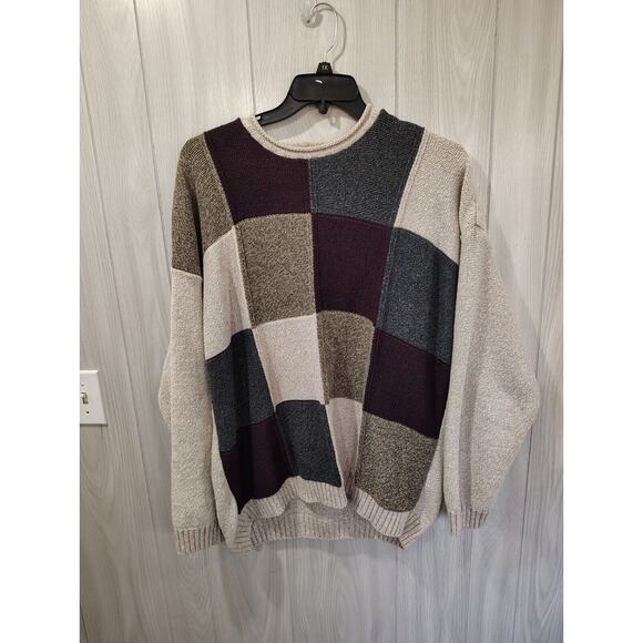 Vintage Liberty Sweater Mens Brown Cable Knit Patchwork Pullover Grandpa Size 2x - Picture 1 of 9
